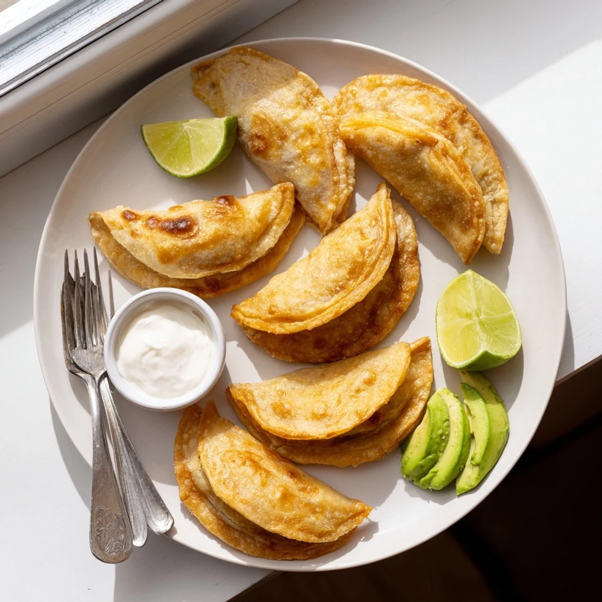 Crispy fried spicy crispy Mexican taco pockets served with fresh cilantro lime wedges and sour cream