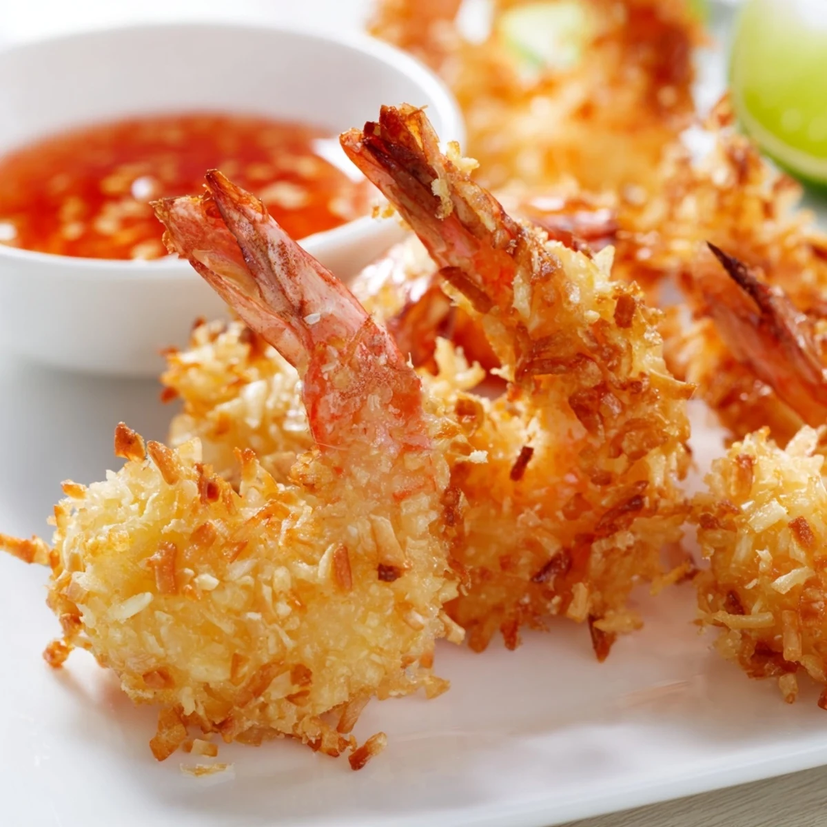 Golden brown fried coconut shrimp with crispy shredded coconut coating on white plate