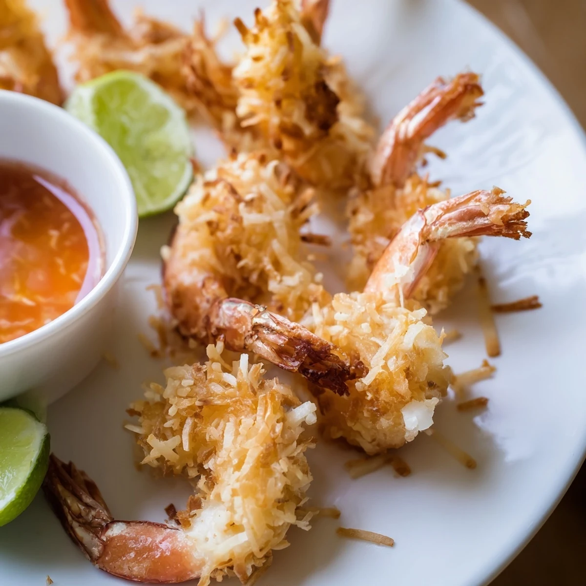 Heap of golden fried coconut shrimp arranged on platter with lime wedges