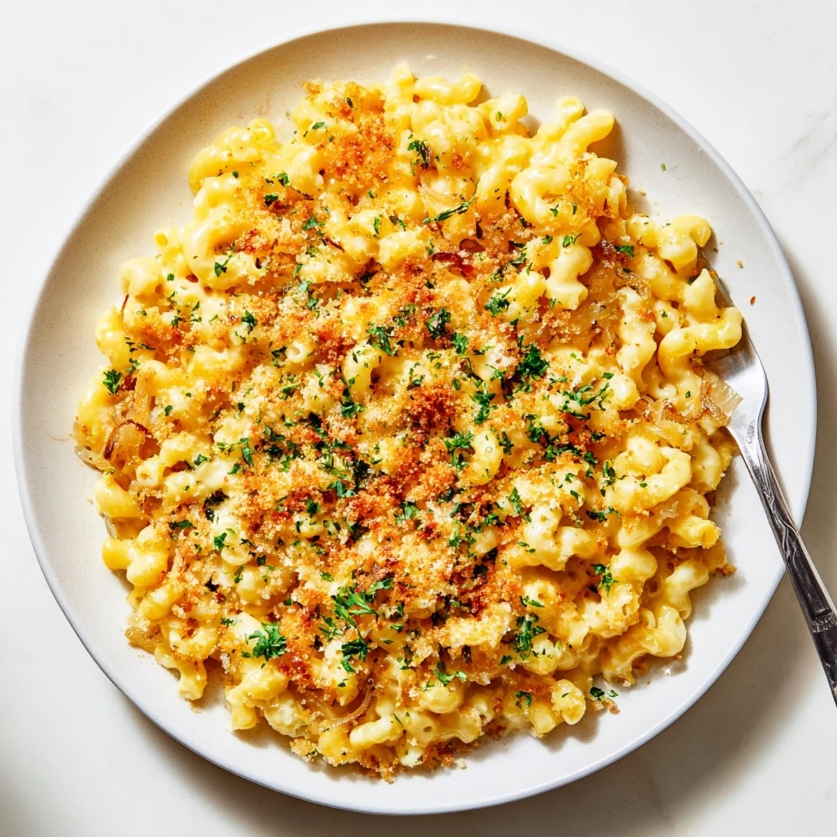 Golden brown French onion mac and cheese served fresh from the oven with parsley garnish