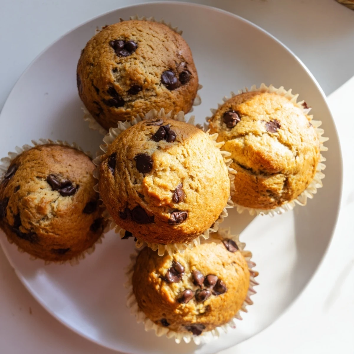 Golden banana espresso chocolate chip muffins fresh from the oven with melted chocolate chips visible on top