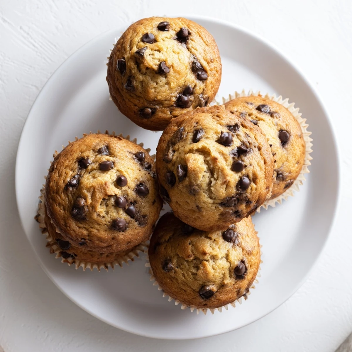 Freshly baked banana espresso chocolate chip muffins cooling on a wire rack with domed golden brown tops