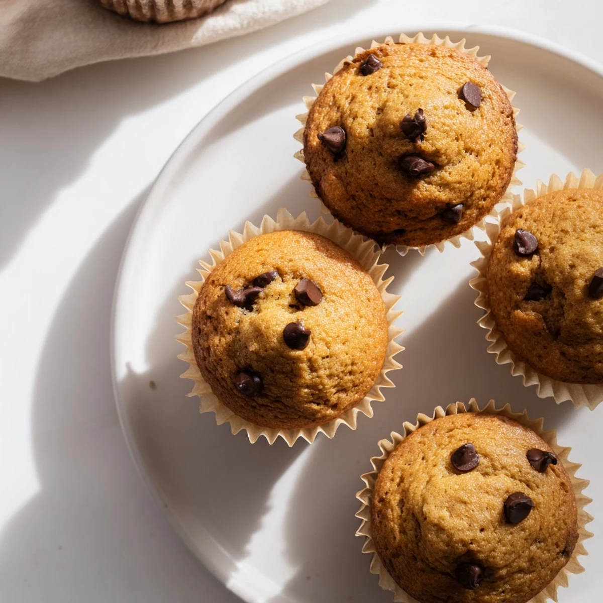 Close up of moist banana espresso chocolate chip muffins bursting with rich chocolate chips and coffee infused batter