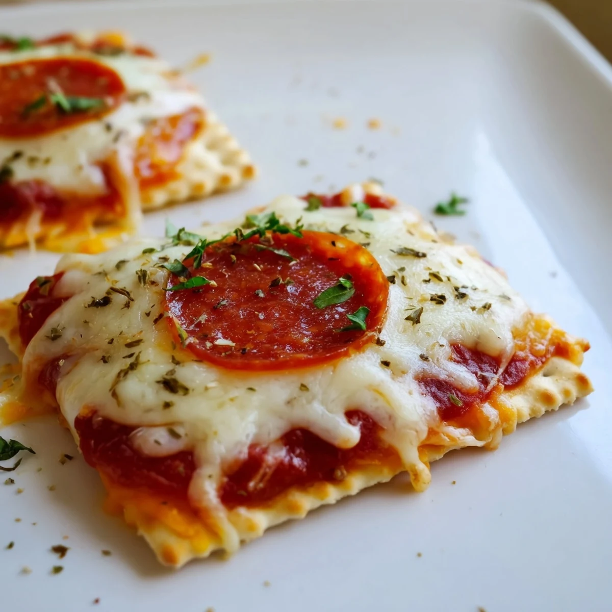 Golden beef pepperoni pizza crackers topped with melted mozzarella and zesty pizza sauce on crisp crackers