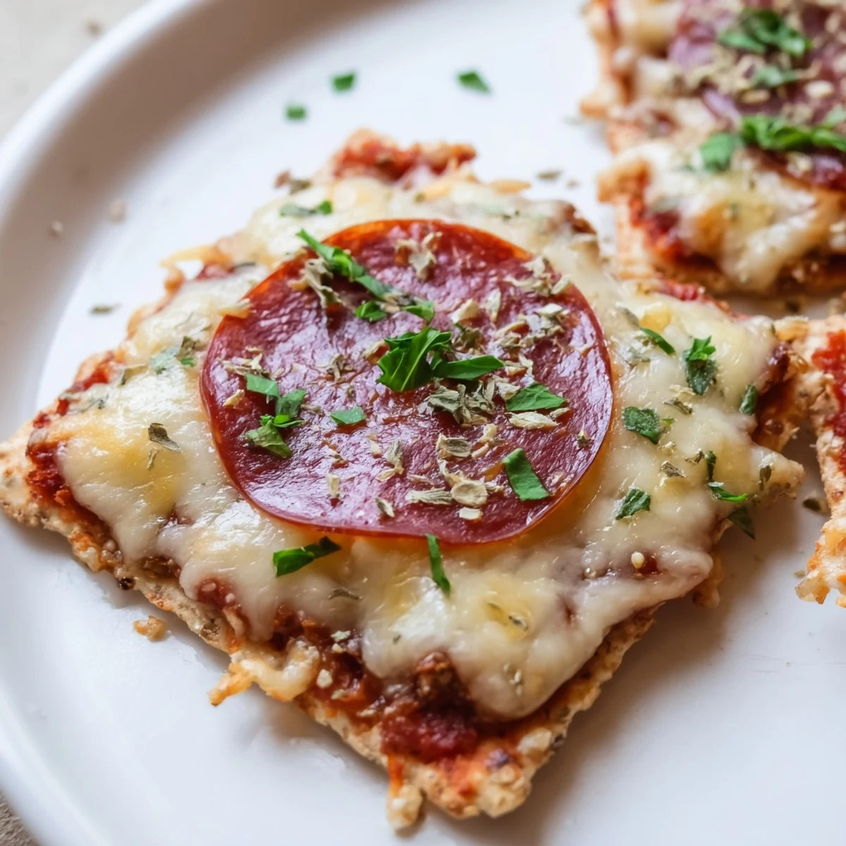 Bubbling cheese-covered beef pepperoni pizza crackers arranged on a baking sheet, garnished with fresh green parsley