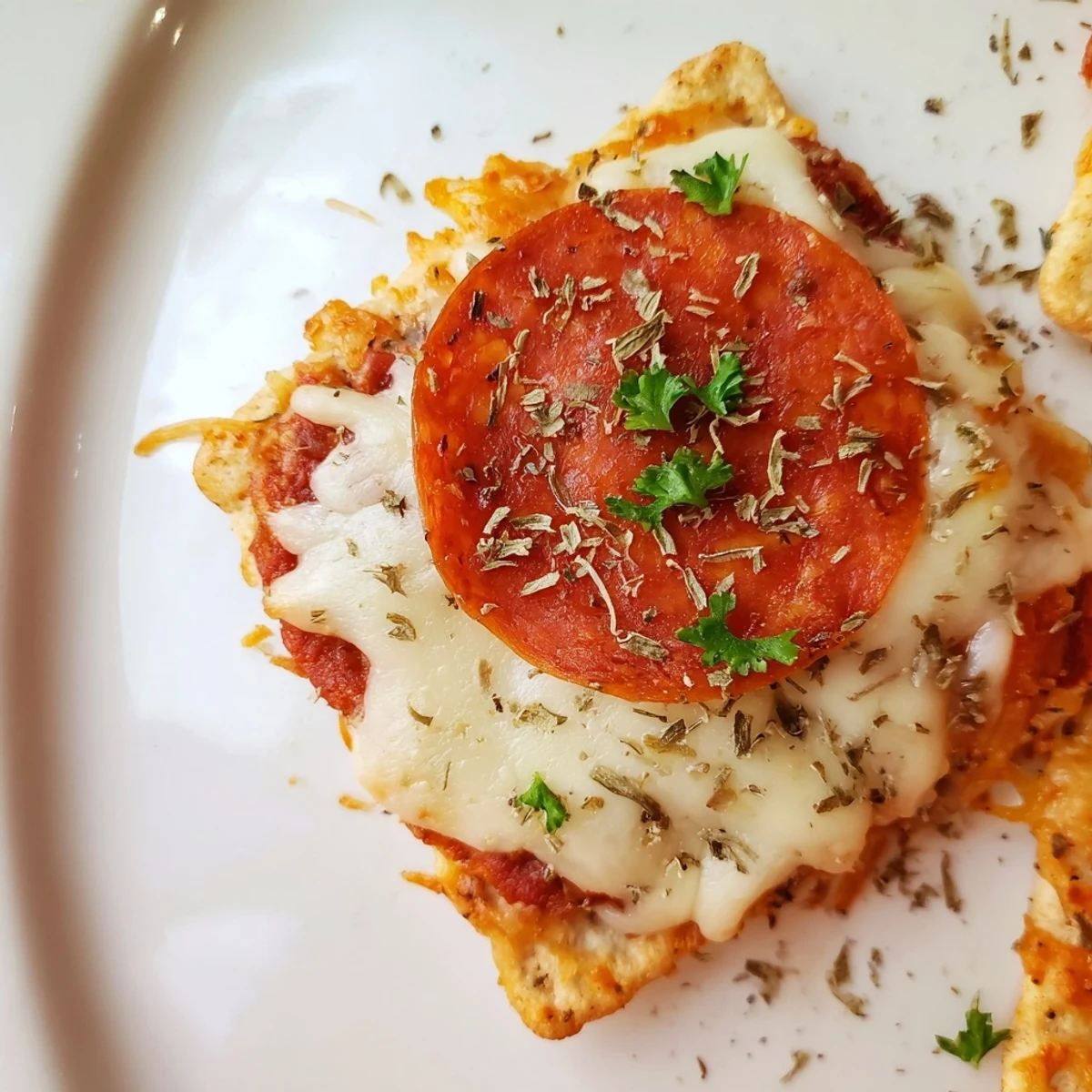 Bite-sized beef pepperoni pizza crackers featuring pepperoni slices and gooey cheese, perfect party appetizer on serving platter