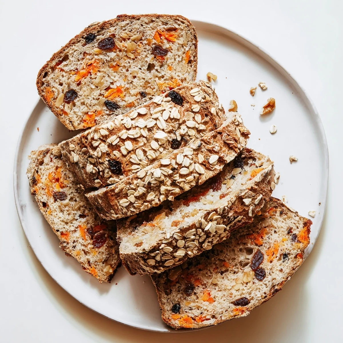 Homemade carrot cake sourdough loaf with crackled crust sprinkled with oats and sunflower seeds