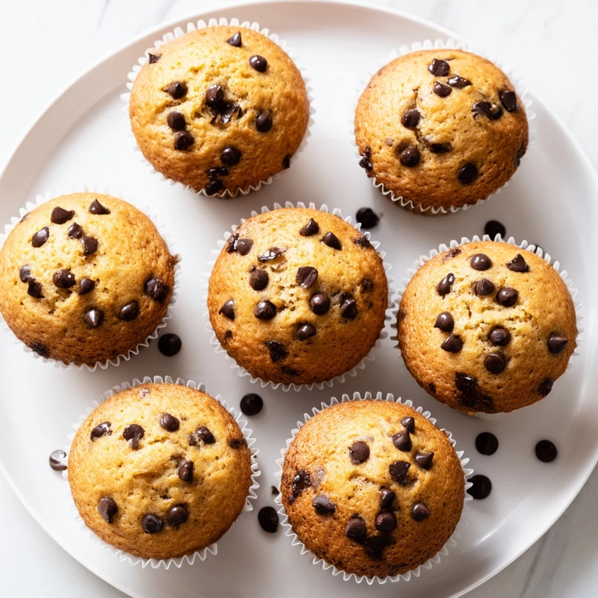 Golden brown banana chocolate chip muffins with melting chocolate bits on a domed top