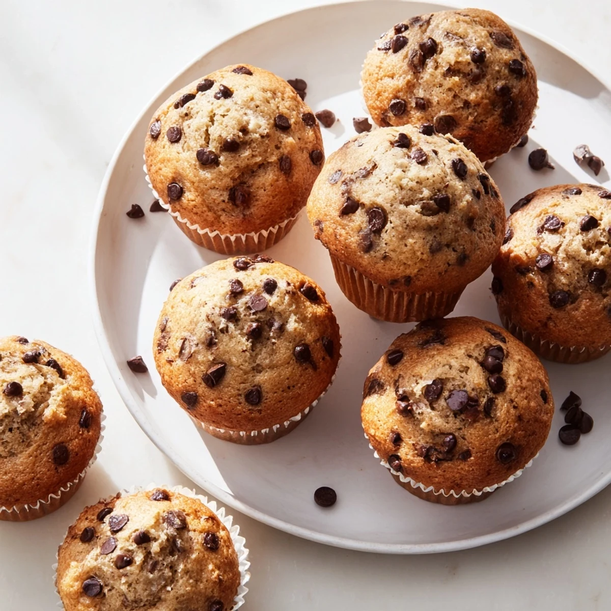 Moist banana chocolate chip muffins with dark chocolate chunks peeking through the crumb texture