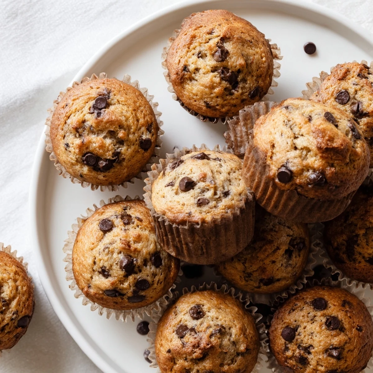 Freshly baked banana chocolate chip muffins cooling on a wire rack with chocolate flecks visible
