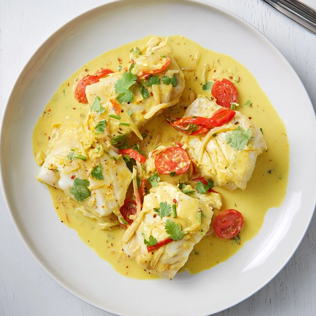 Coconut Curry Baked Cod resting in creamy sauce with cilantro garnish