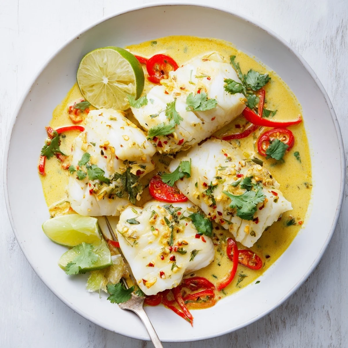 Steaming Coconut Curry Baked Cod over jasmine rice, bright peppers and lime