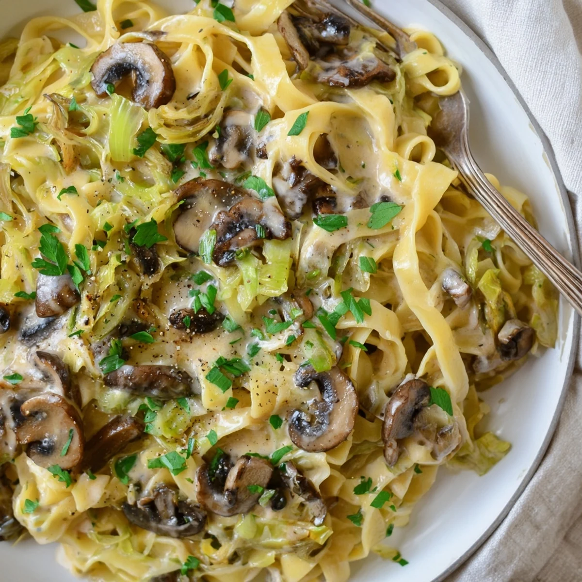 Plate of Caramelized Leek Mushroom Gruyere Pasta garnished with bright parsley