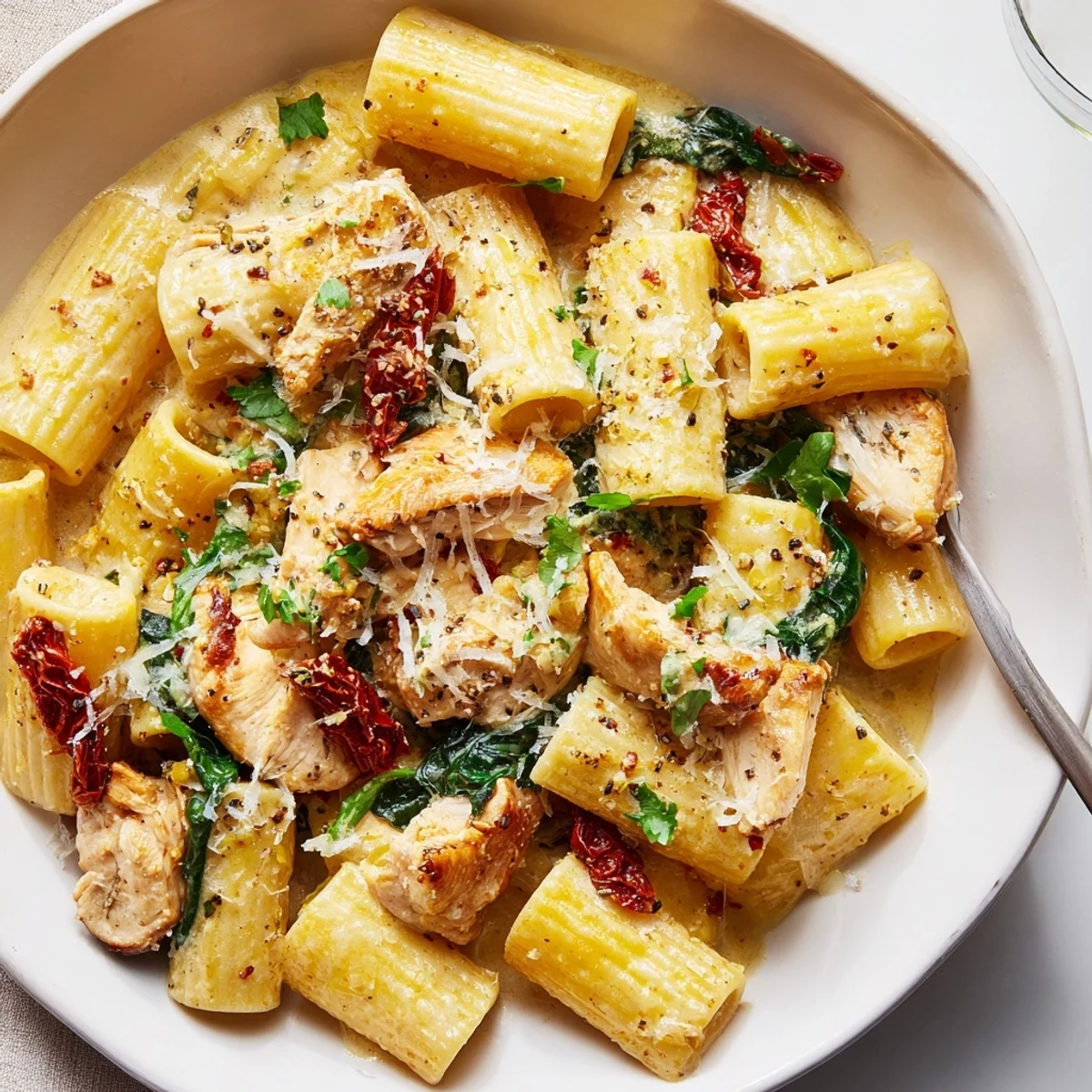 Creamy Chicken Rigatoni with golden chicken, silky sauce, and fresh parsley