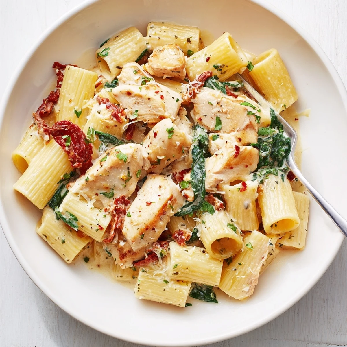 Steaming Creamy Chicken Rigatoni tossed with sun-dried tomatoes and grated Parmesan