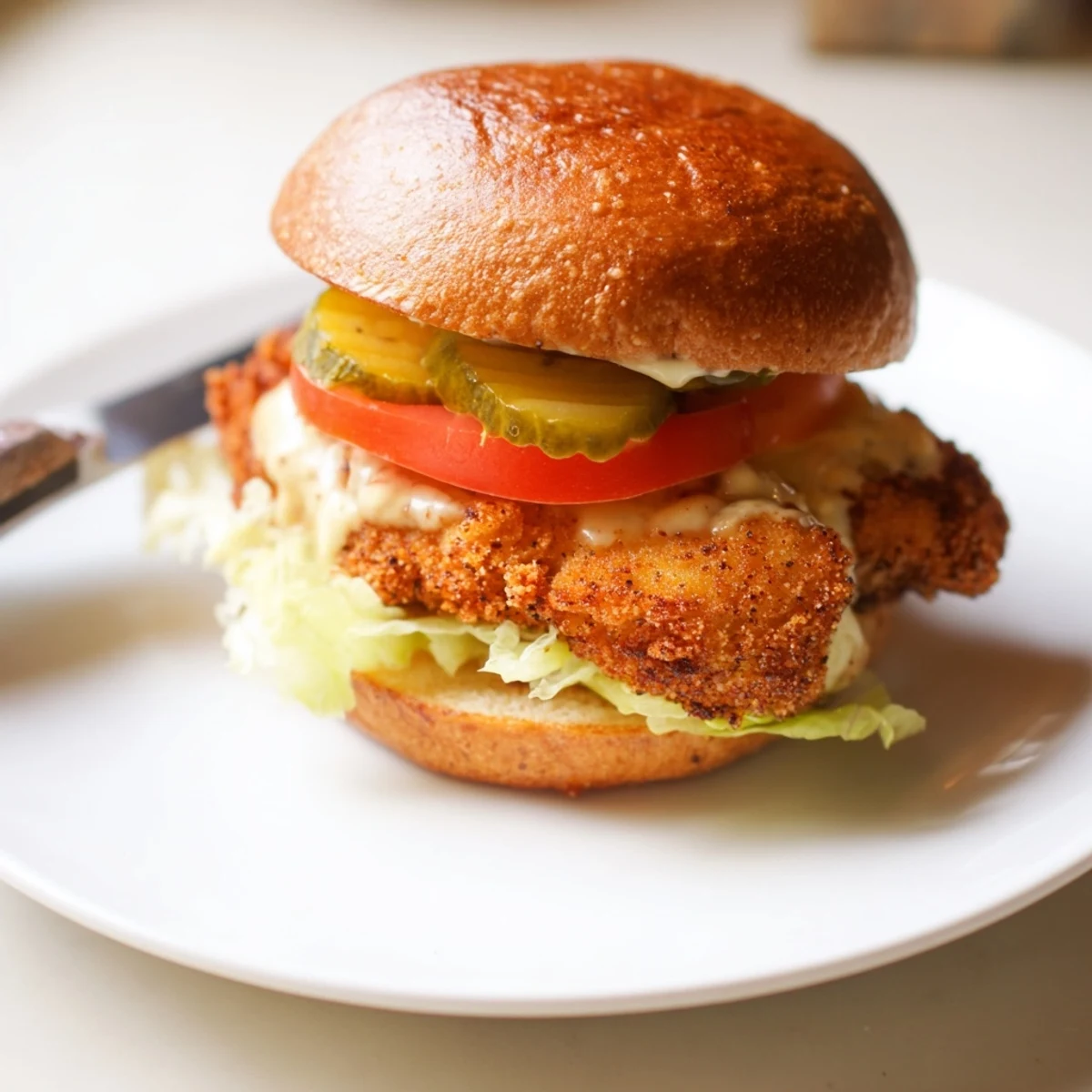Cajun Crispy Chicken Sandwich with Garlic Aioli spicy crunch crisp lettuce and tomato