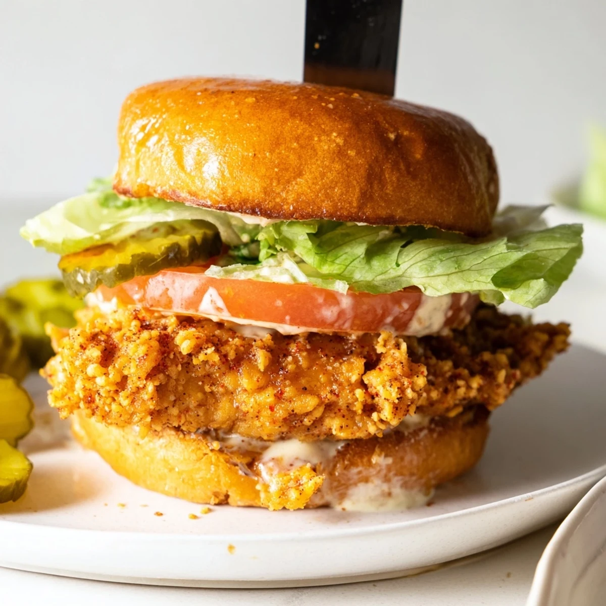 Warm Cajun Crispy Chicken Sandwich with Garlic Aioli stacked on toasted brioche