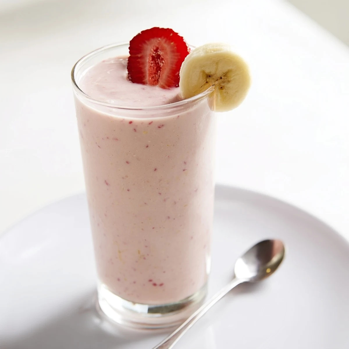 Creamy, vibrant pink Strawberry Banana Smoothie Recipe in a tall glass