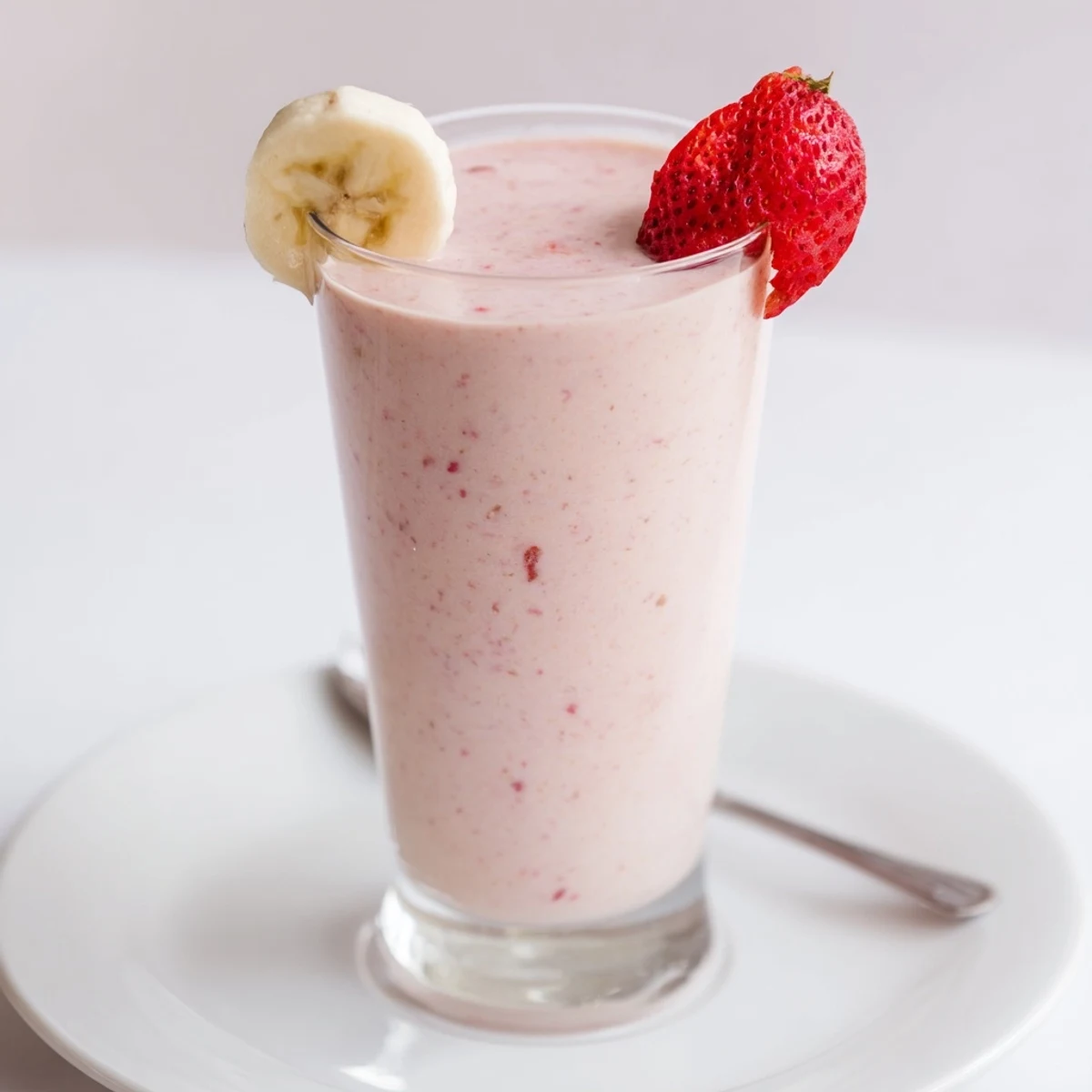 Frothy Strawberry Banana Smoothie Recipe garnished with sliced strawberries, morning snack