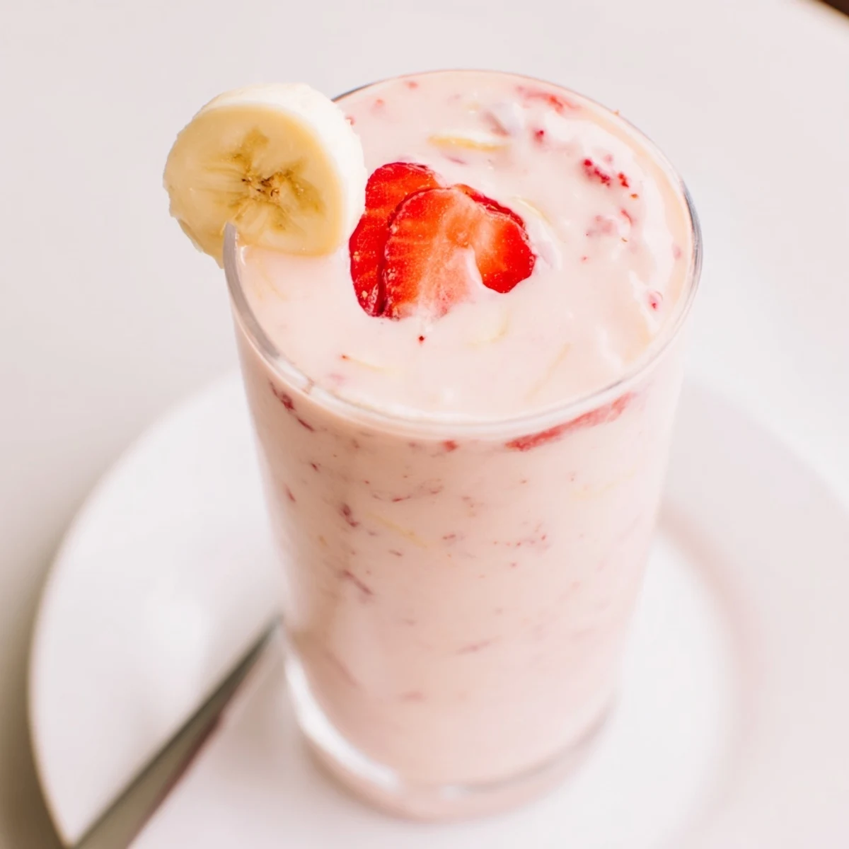 Strawberry Banana Smoothie Recipe blended with Greek yogurt, icy chilled glass