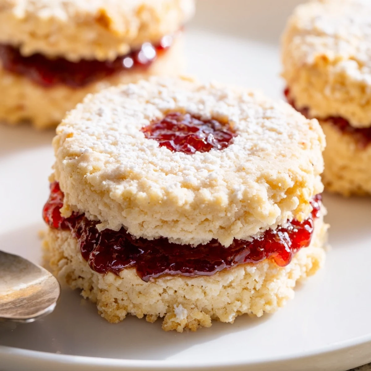 Buttery Raspberry Lemon Shortbread Cookies dusted with powdered sugar on wire rack  