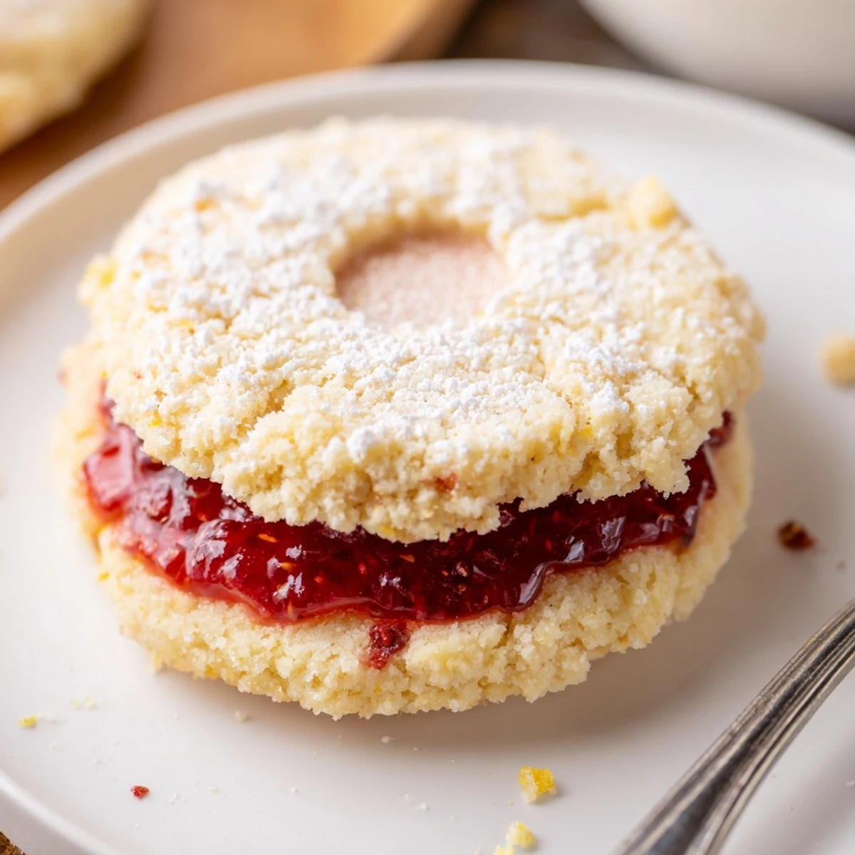 Fresh-baked Raspberry Lemon Shortbread Cookies, golden-edged sandwiches filled with tart jam