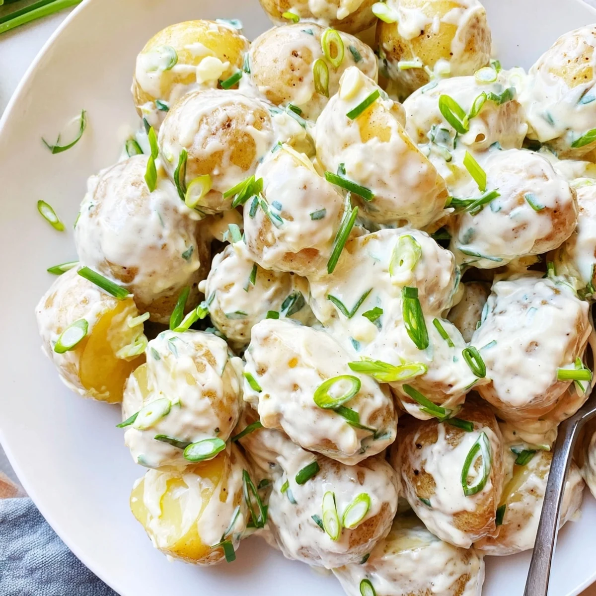 Halved baby potatoes tossed in Sour Cream And Onion Potato Salad, chilled.