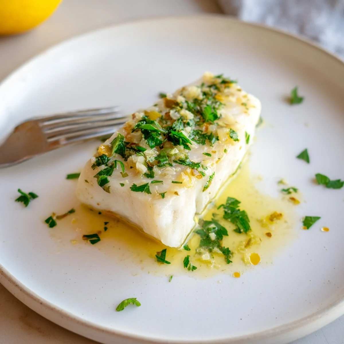 Close-up of Garlic Butter Fish Recipe: tender white fillets bathed in sauce