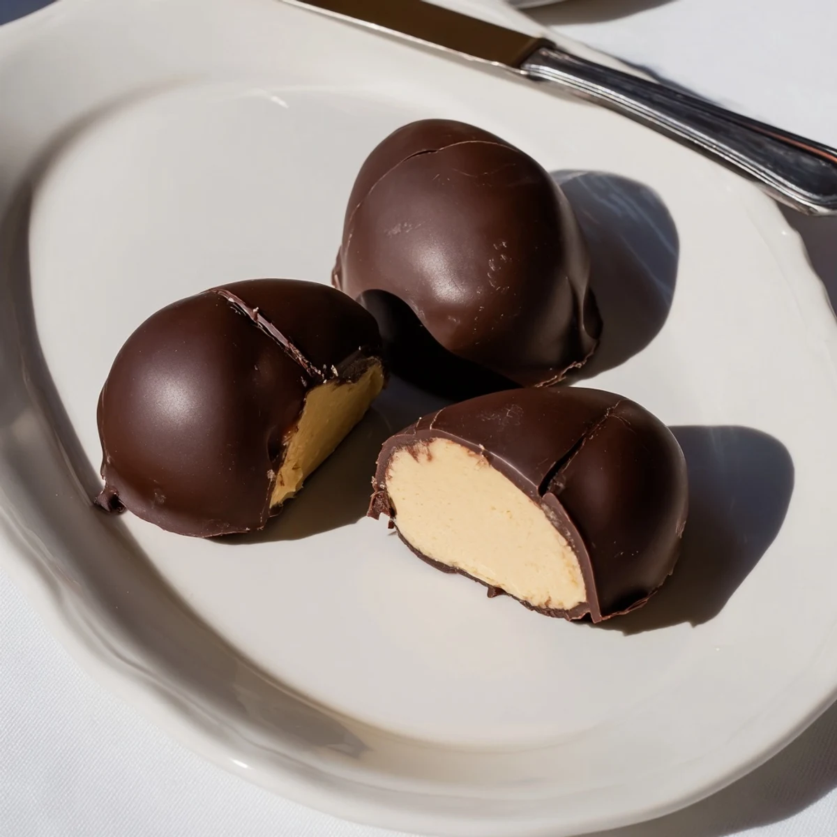 Fresh Homemade Peanut Butter Eggs arranged on baking sheet after dipping, cooling