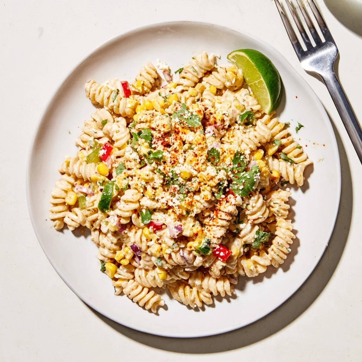Chilled Creamy Street Corn Pasta Salad tossed with al dente pasta, cilantro