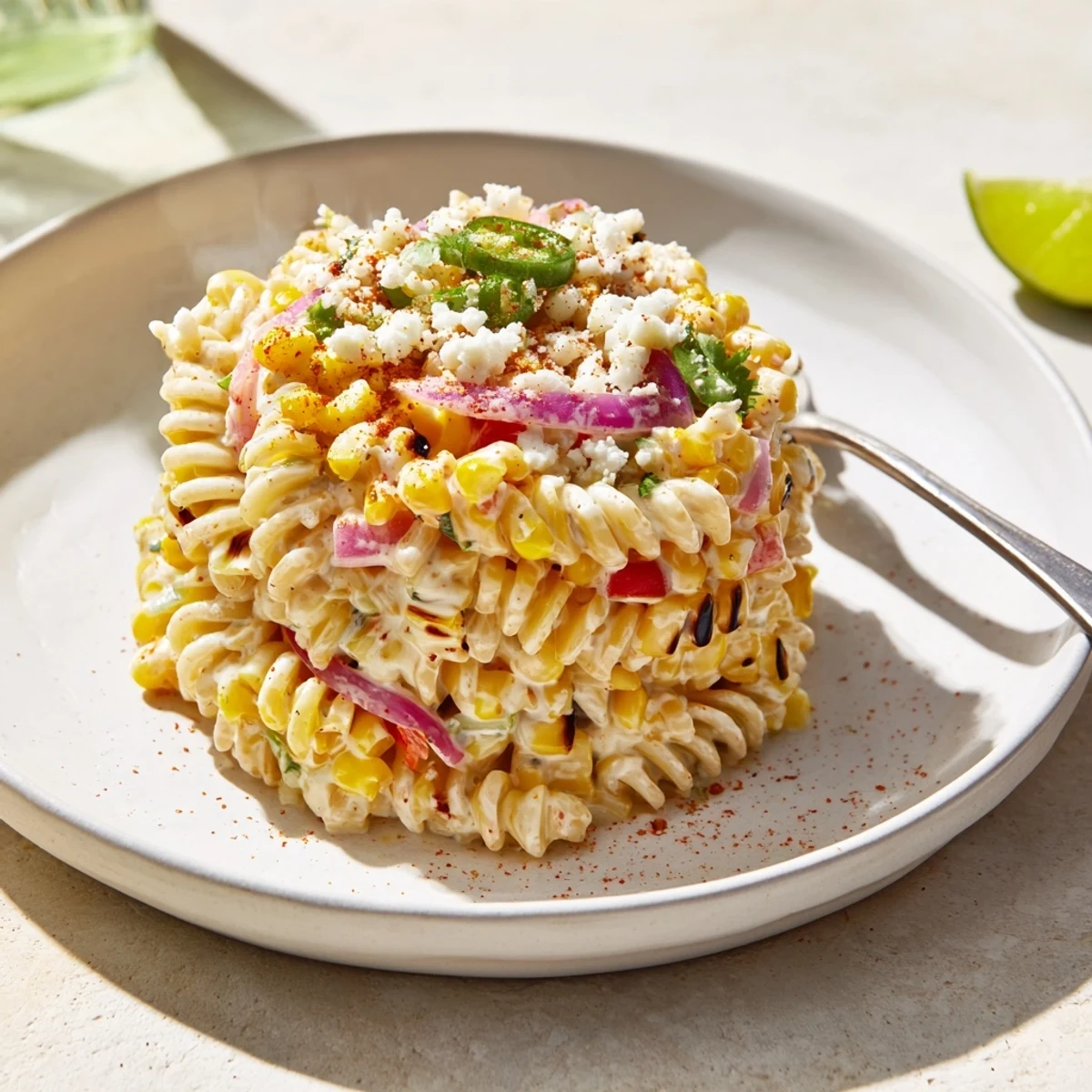 Creamy Street Corn Pasta Salad with charred corn, tangy lime, cotija garnish