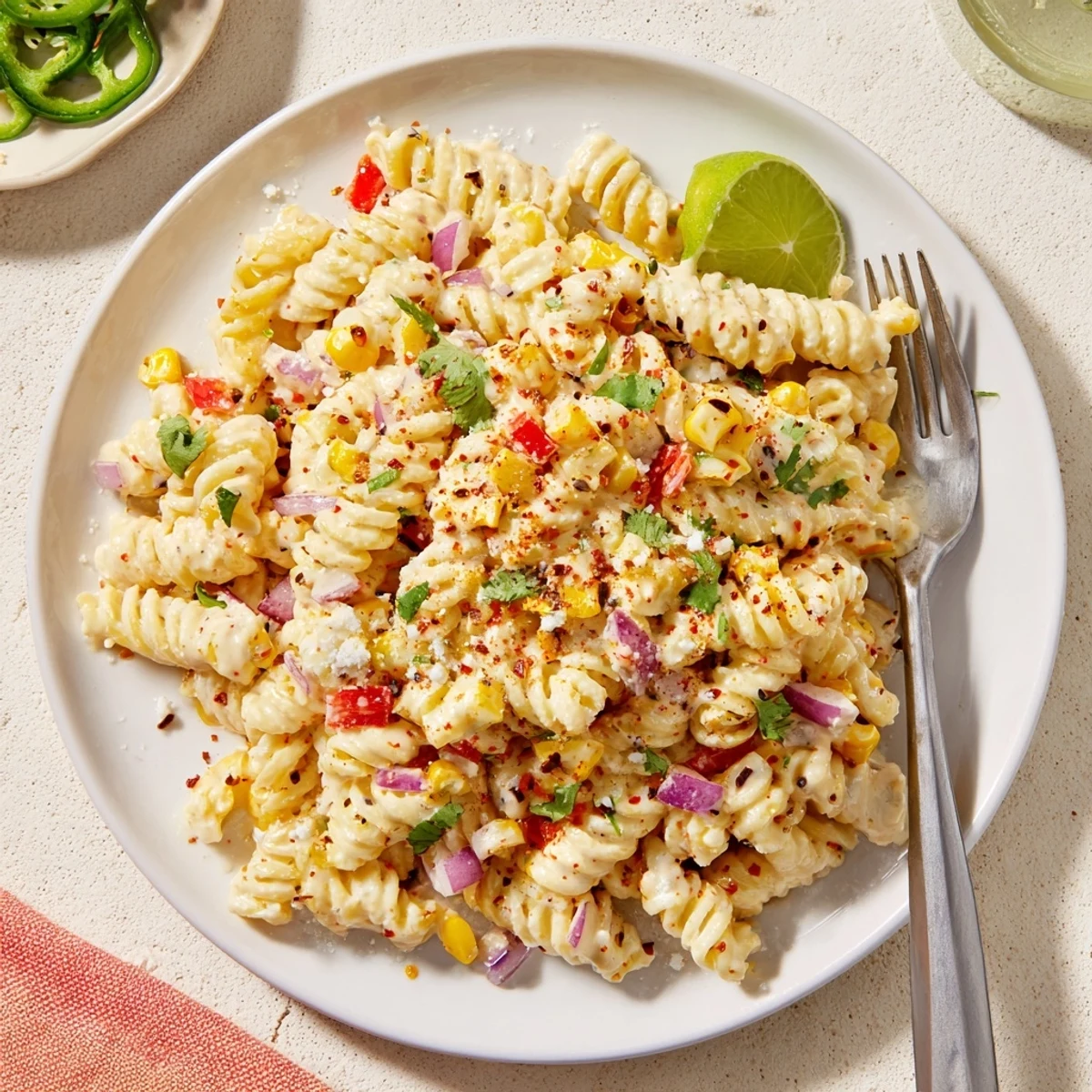 Picnic-ready Creamy Street Corn Pasta Salad smoky dressing, crunchy red pepper bites