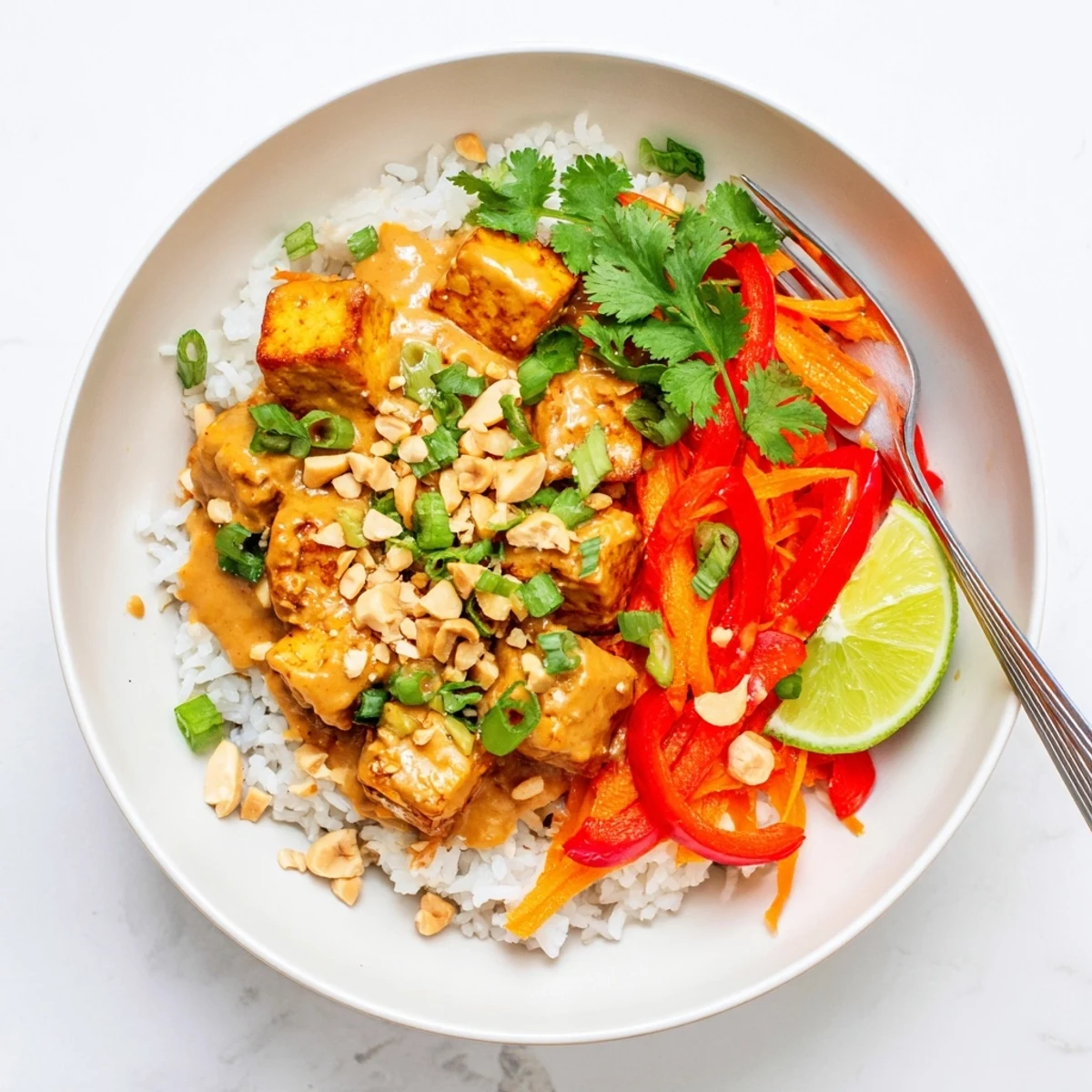Peanut Tofu Coconut Rice plated with crispy tofu, zesty lime wedge