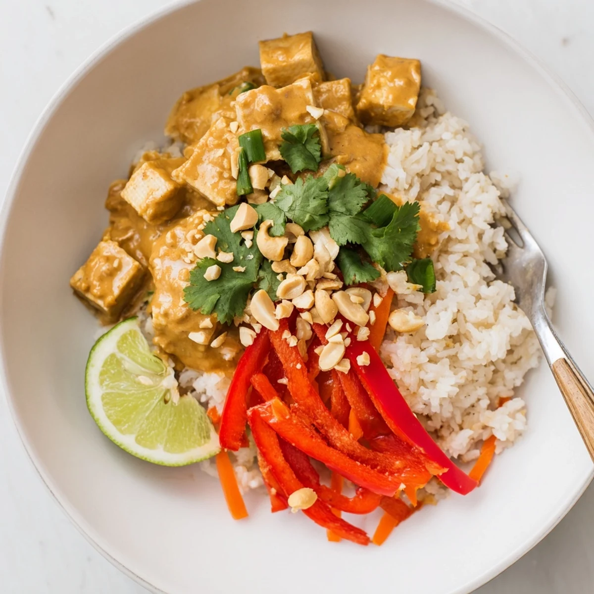Warm Peanut Tofu Coconut Rice topped with chopped peanuts and cilantro