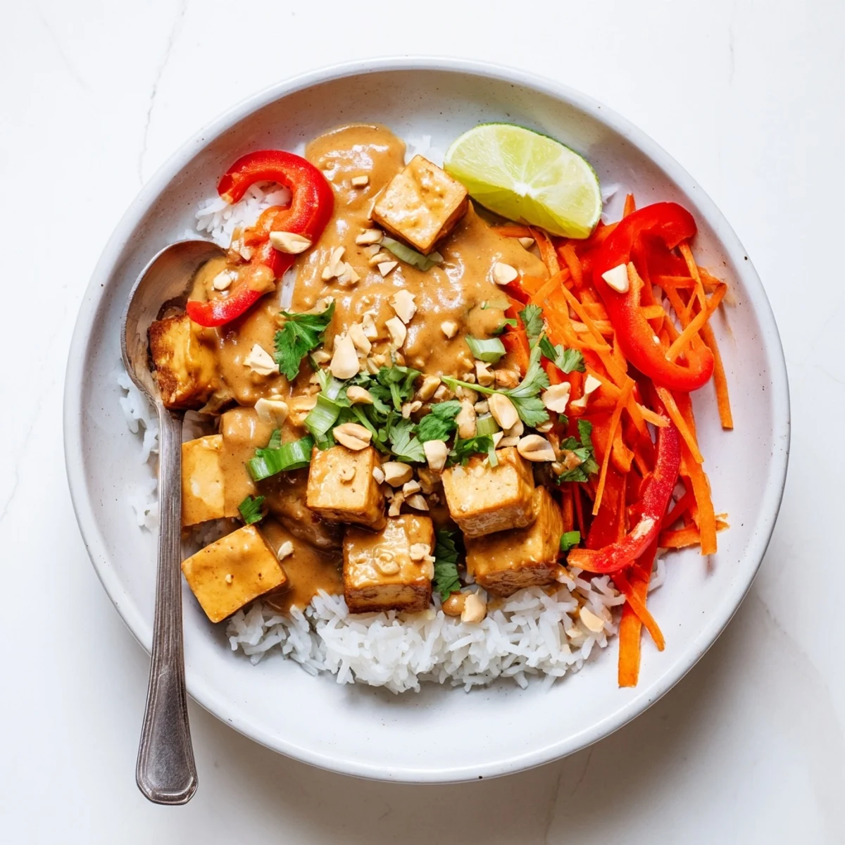 Close-up of Peanut Tofu Coconut Rice with glossy peanut sauce, scallions