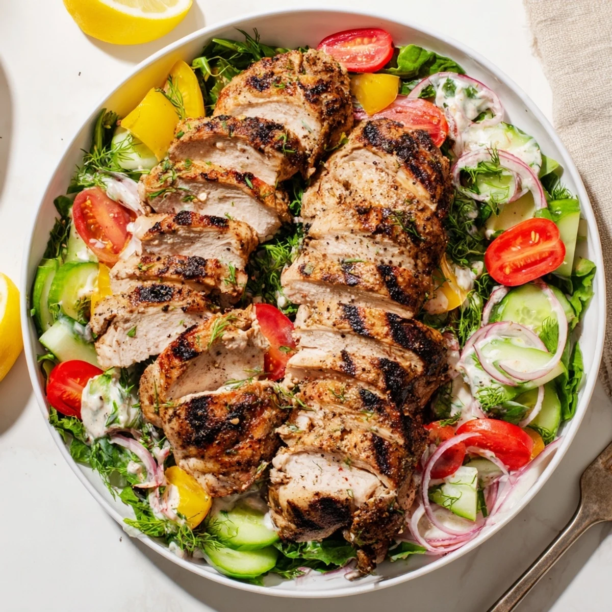 Warm charred chicken strips resting on vibrant greens in Chicken Shawarma Salad Recipe