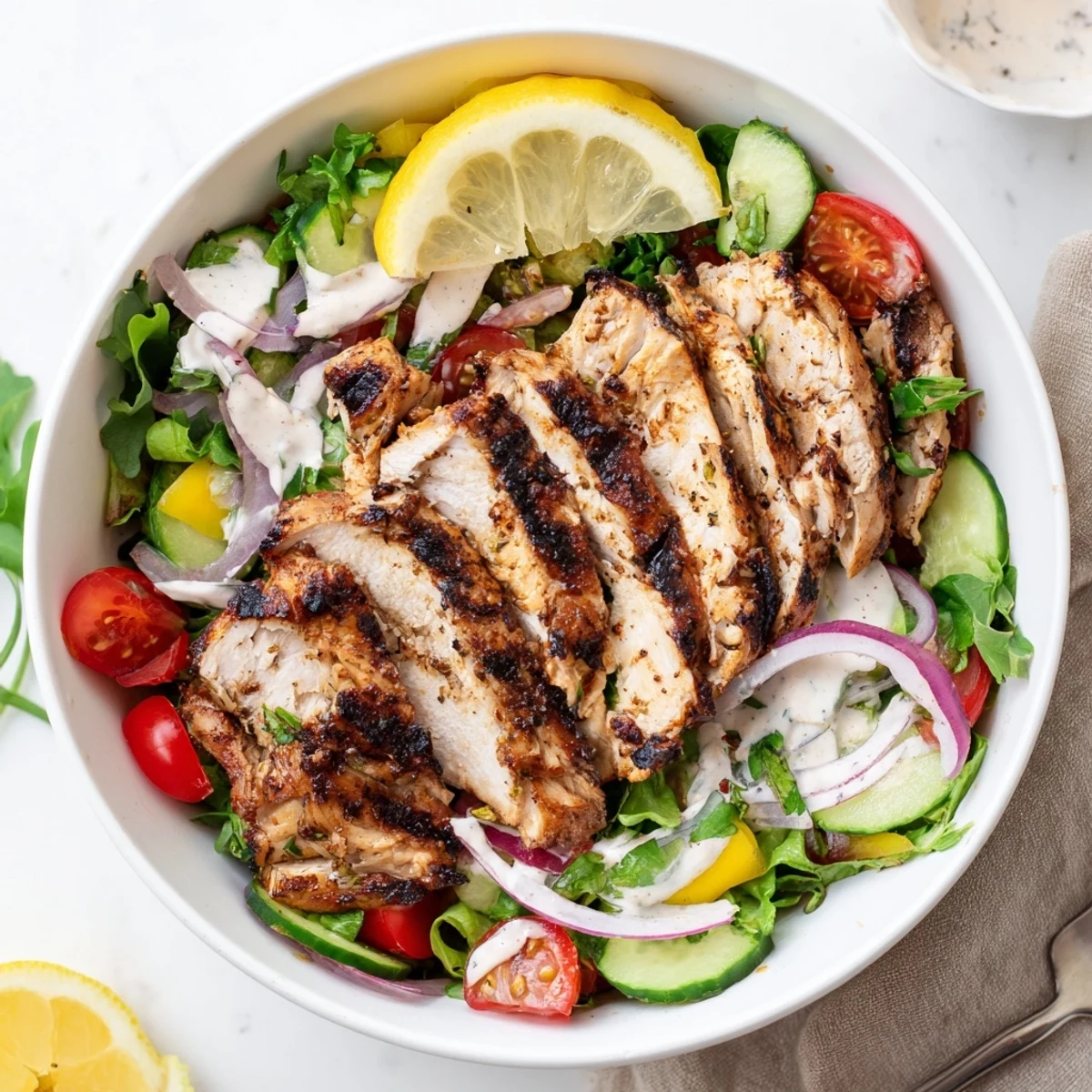 Crisp cucumber, halved cherry tomatoes, and parsley tossed into Chicken Shawarma Salad Recipe