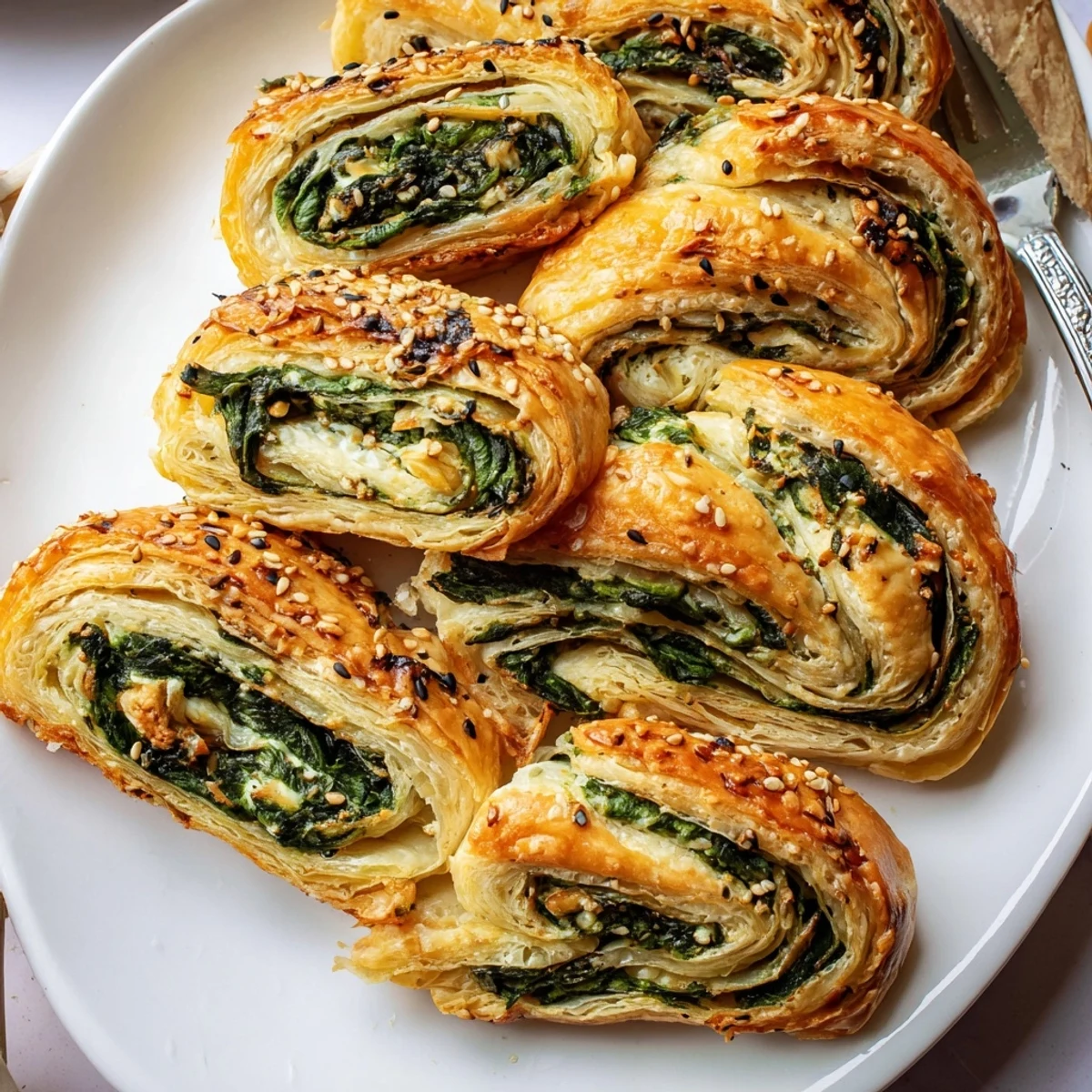 Golden Spinach And Feta Puff Pastry Twists, flaky, warm, served with yogurt dip  