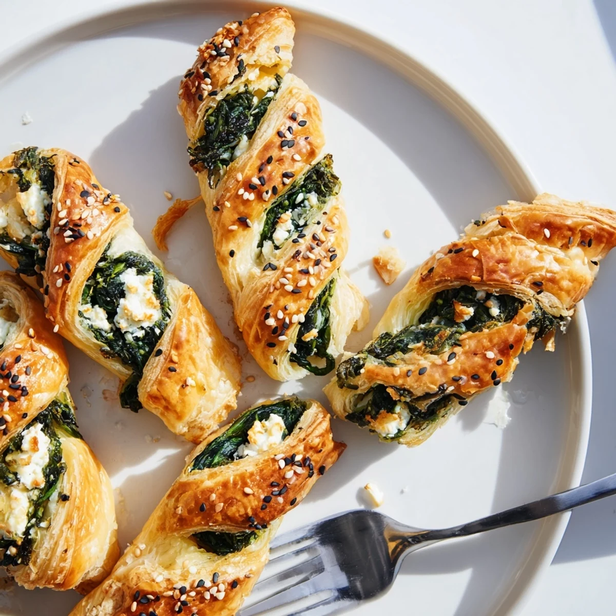 Spinach And Feta Puff Pastry Twists cooling on tray with sesame and napkin  