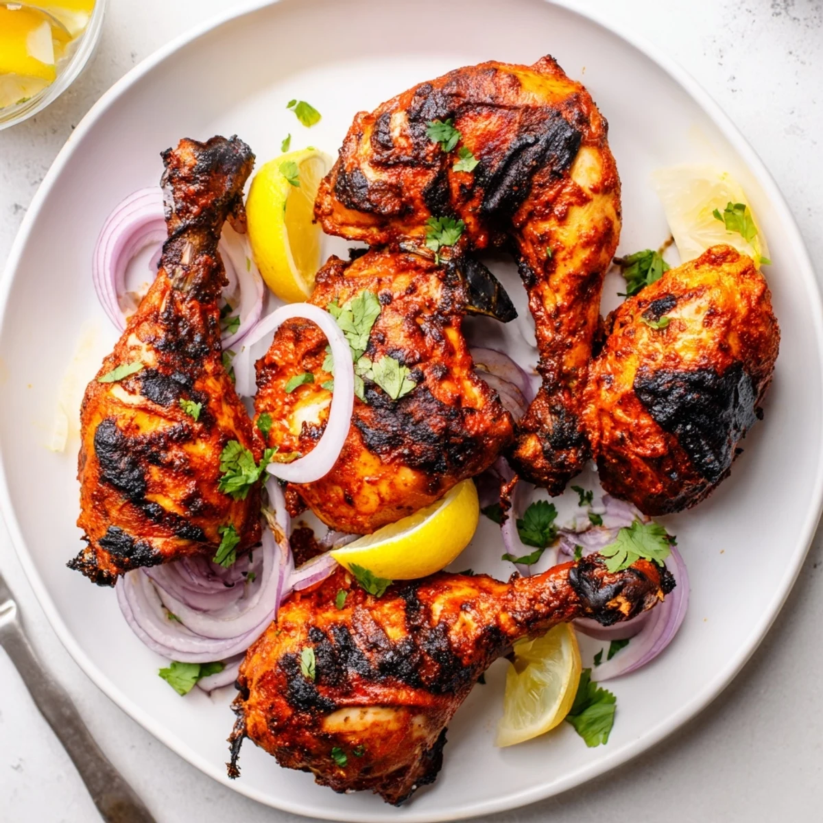 Grilled Spicy Tandoori Chicken sizzling with charred edges, garnished with cilantro