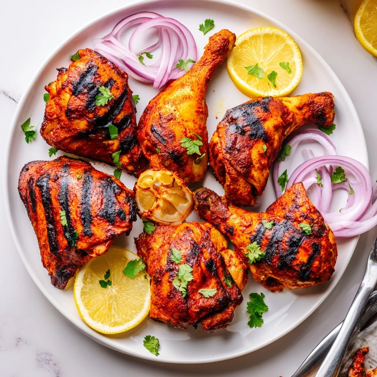 Plate of Grilled Spicy Tandoori Chicken with yogurt dip and sliced onions