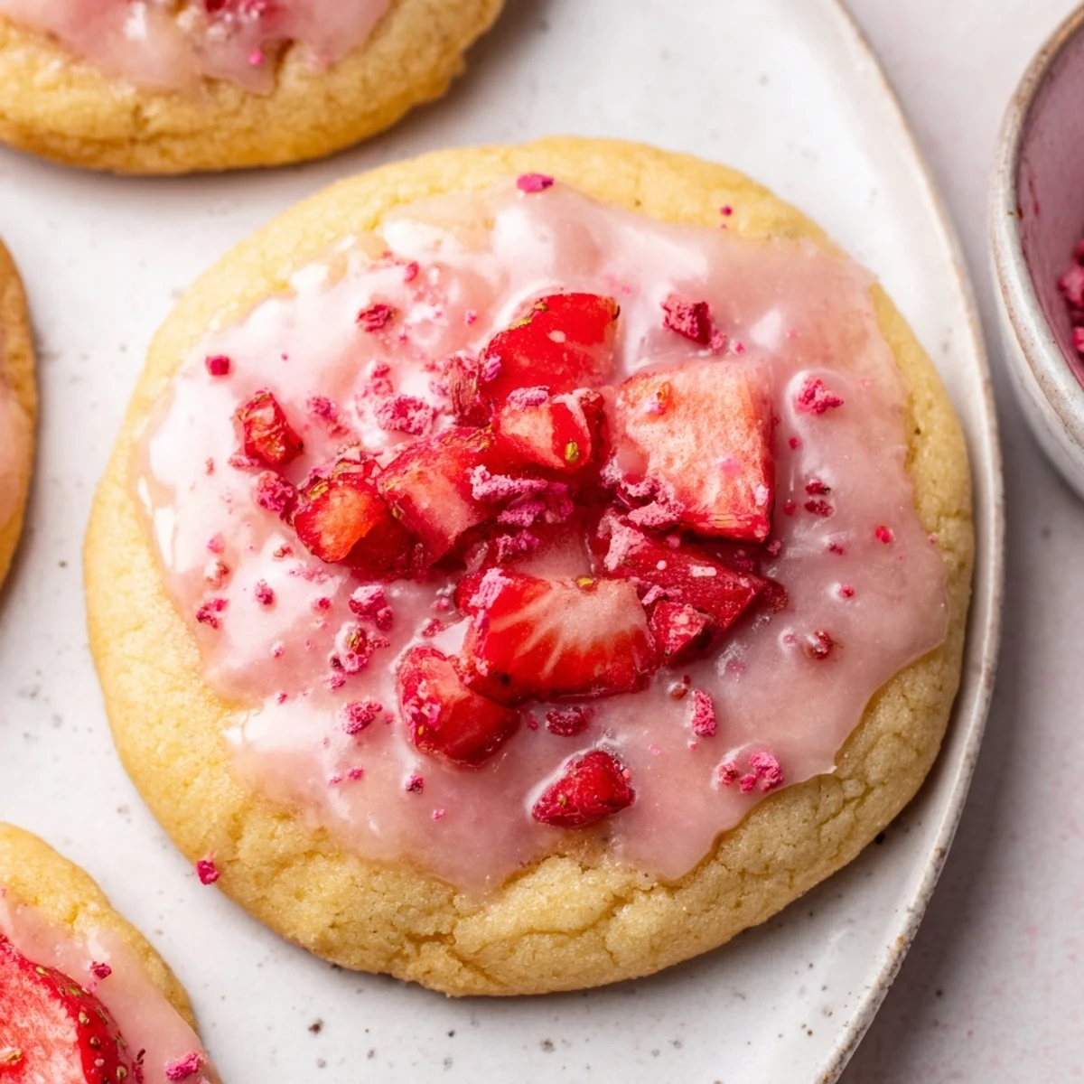 Strawberry Lemonade Cookies with glossy lemon glaze, soft centers and fresh strawberries