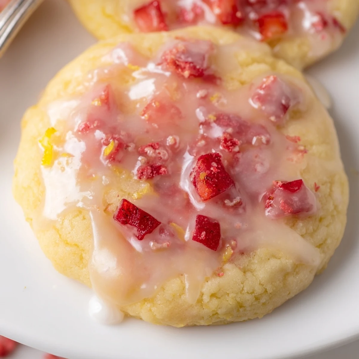 Warm Strawberry Lemonade Cookies drizzled with glaze, tender chew and zesty lemon