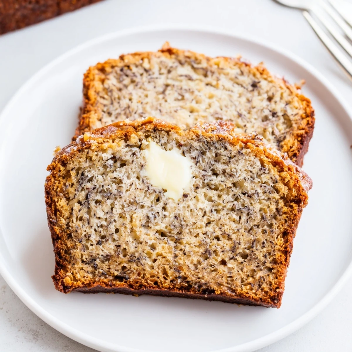 Warm Banana Bread Delight sliced, buttery steam rising, cinnamon scented crumb