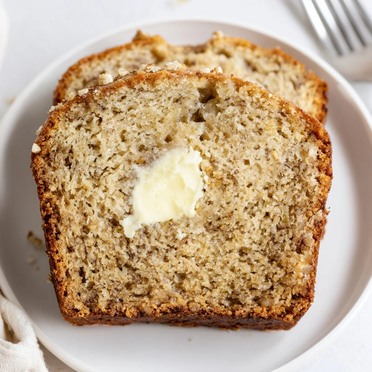 Plate with Banana Bread Delight slice, melting butter and soft banana aroma