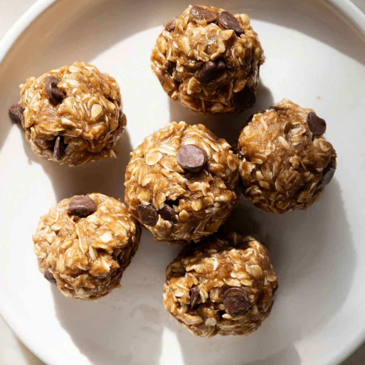 Peanut Butter Energy Balls arranged on parchment, speckled with chocolate chips.