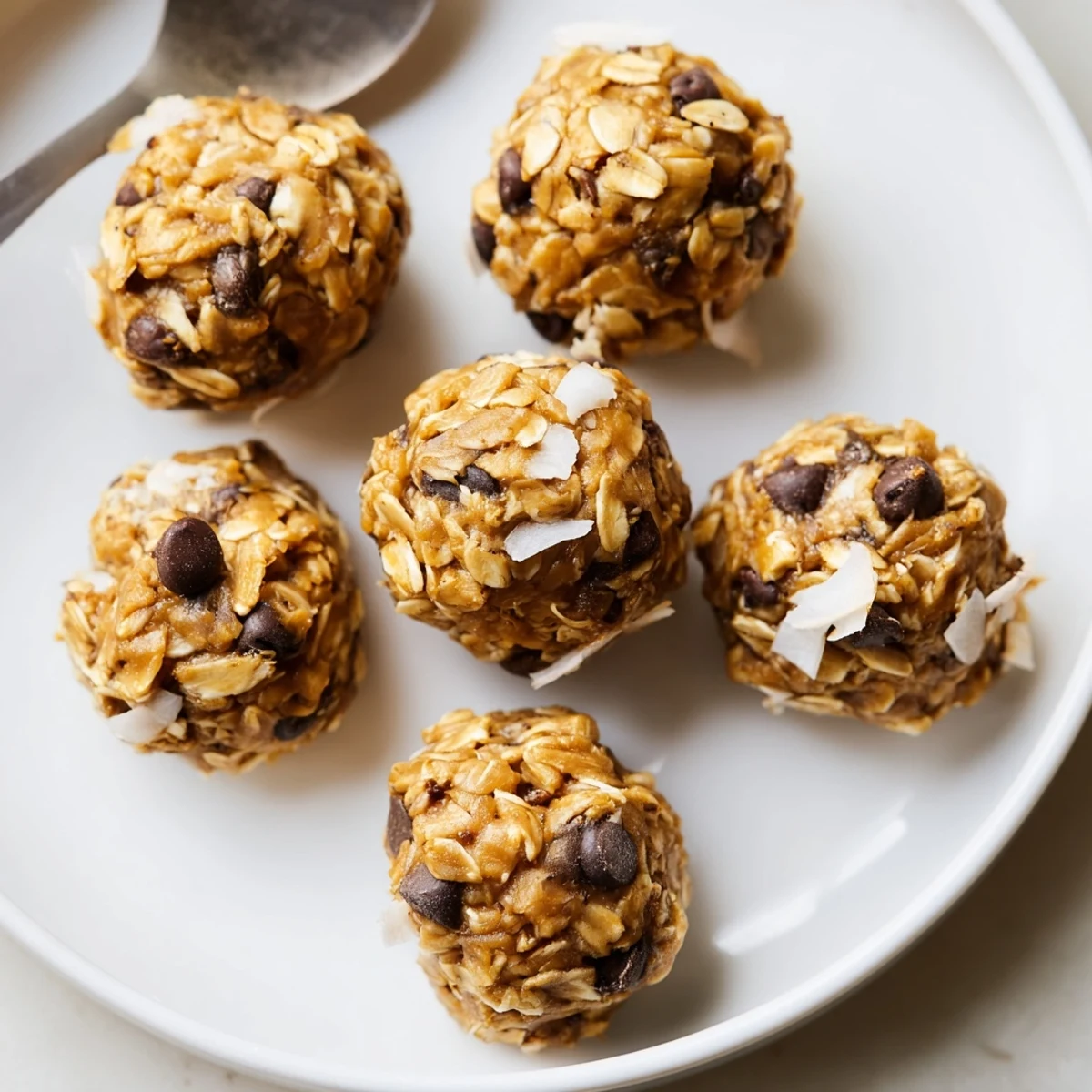 Bite size Peanut Butter Energy Balls rolled in shredded coconut, ready for snacking.