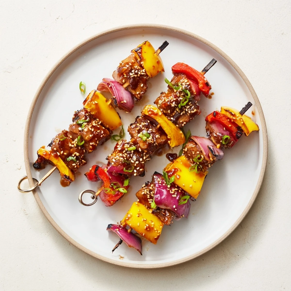 Juicy grilled Chicken Skewers With Korean BBQ Sauce, sesame and scallion.