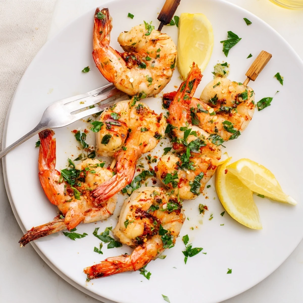Marinated Grilled Shrimp glistening with lemon, smoky char, served on skewers