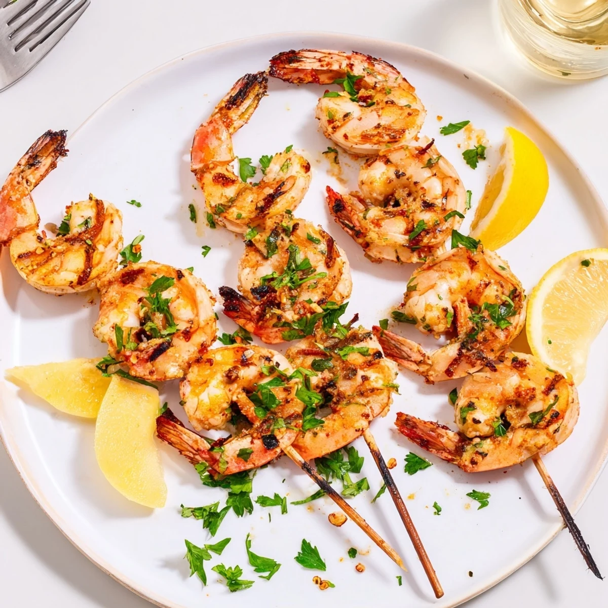 Charred Marinated Grilled Shrimp bursting with garlic and parsley, lemon wedges nearby